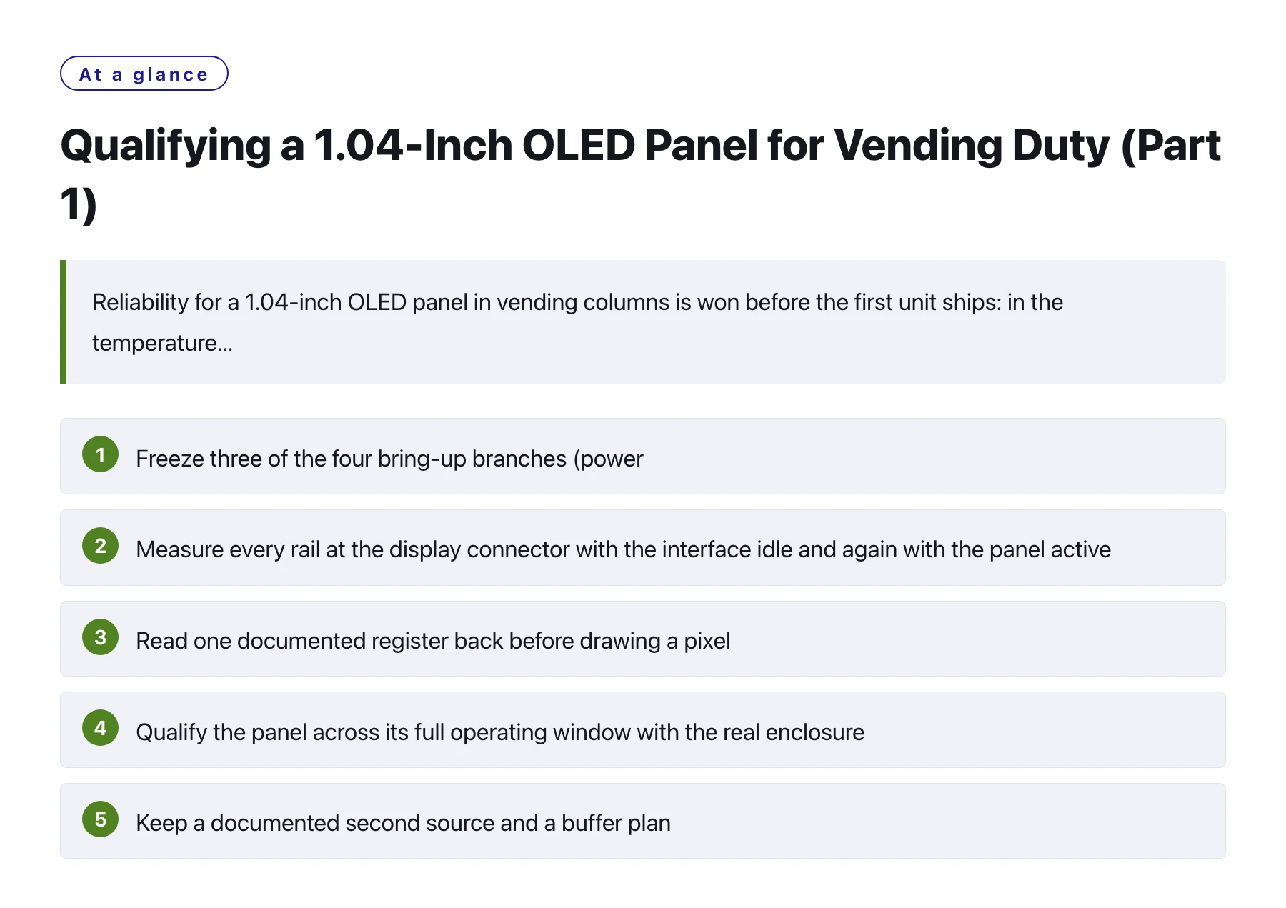 Qualifying a 1.04-Inch OLED Panel for Vending Duty (Part 1)——全文要点速览