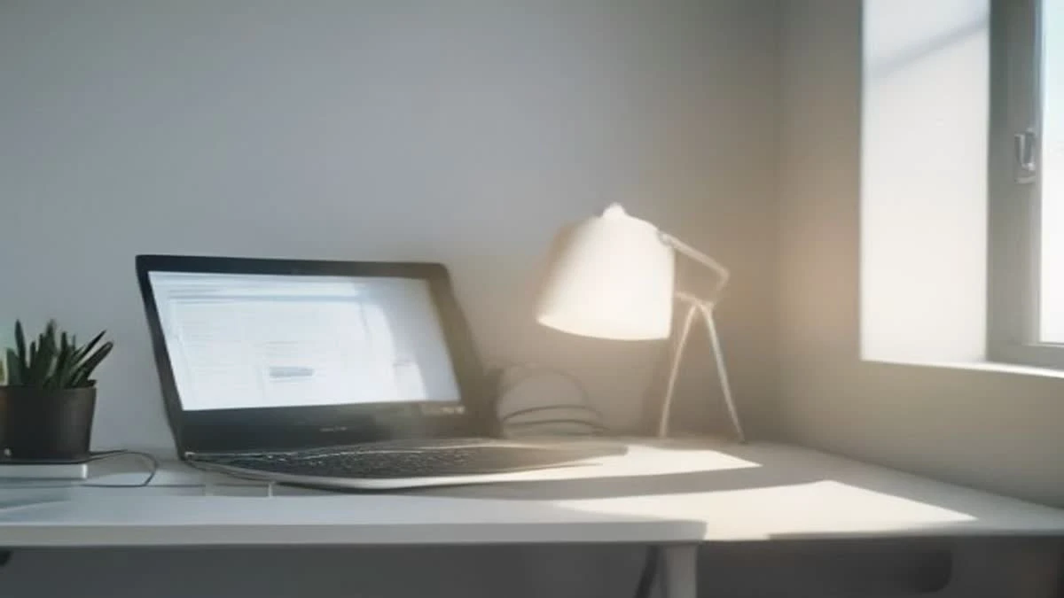 wide establishing shot of a bright minimal desk with a laptop and a smartphone showing an abstract rising line chart, soft morning light, used as the opening image